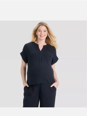 Isabel Maternity by Ingrid & Isabel Black Short-Sleeve Split V Maternity Top